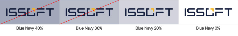 Blue Navy 40%, 30%, 20%, 0% 배경에 적용한 ISSOFT 로고. 40%, 30%는 사용 금지
