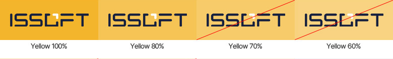 Yellow 100%, 80%, 70%, 60% 배경에 적용한 ISSOFT 로고. 70%, 60%는 사용 금지